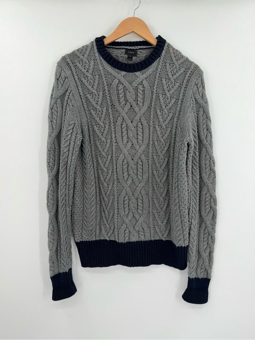 J.Crew Cotton Cable Knit Crew Neck Cotton Sweater | Grey Navy | Medium